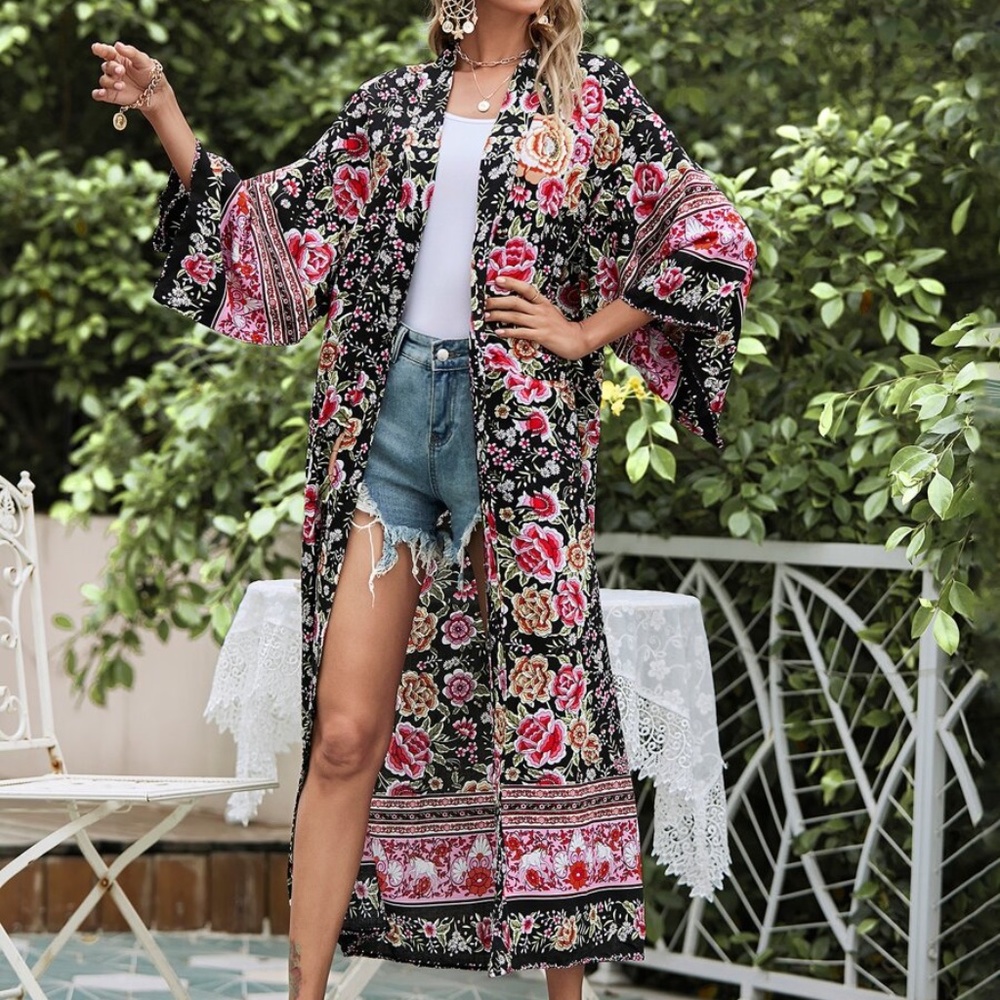 Boho Black Pink Floral Belted Long Kimono Cover up Beach - Picture 5 of 11